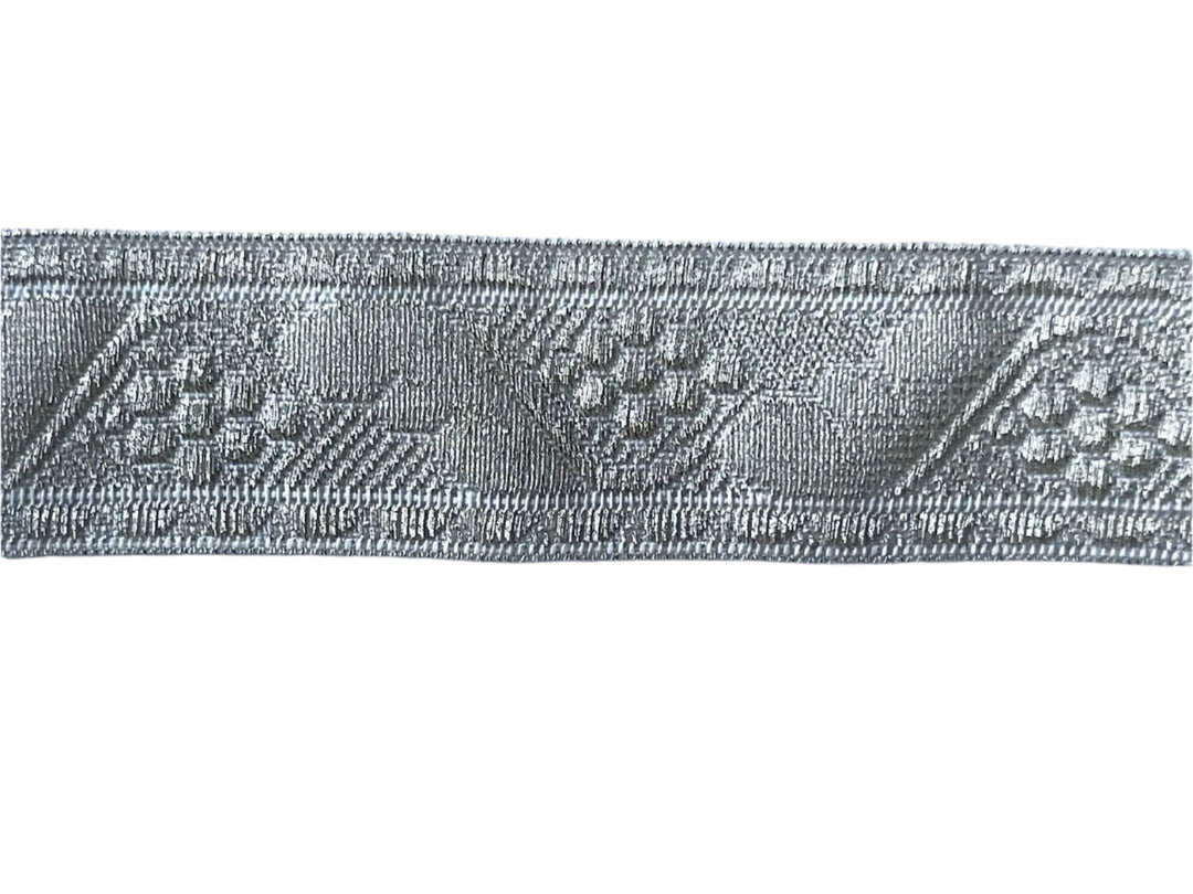 1 1/4" Floral Scroll Metallic Silver Brocade Ribbon (Made in France)