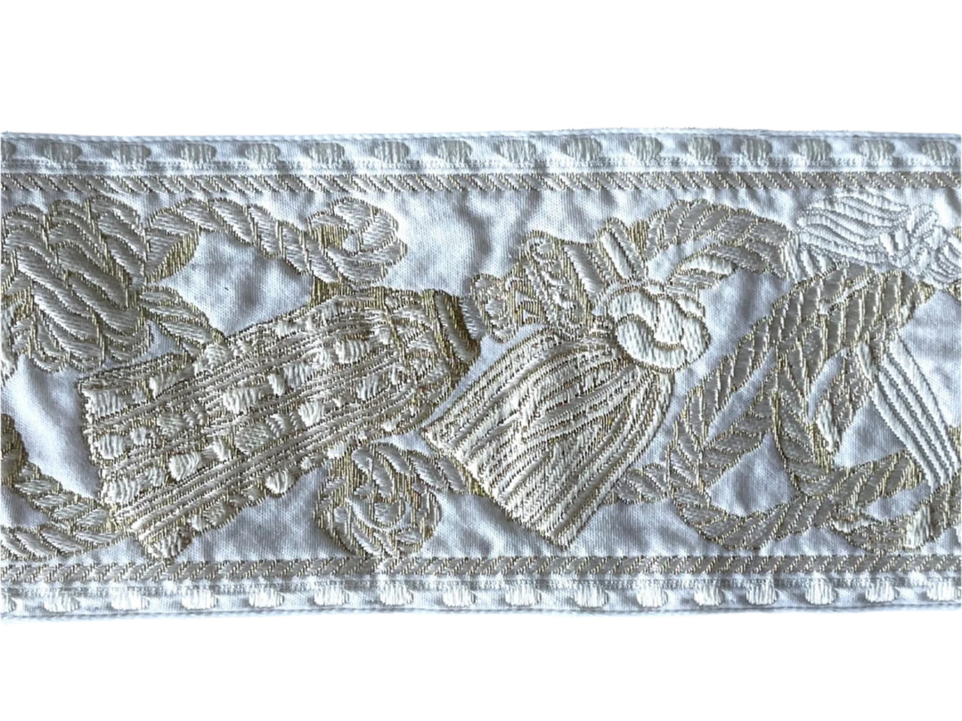 3" Tassels Metallic Gold & Ivory Brocade Ribbon (Made in France)