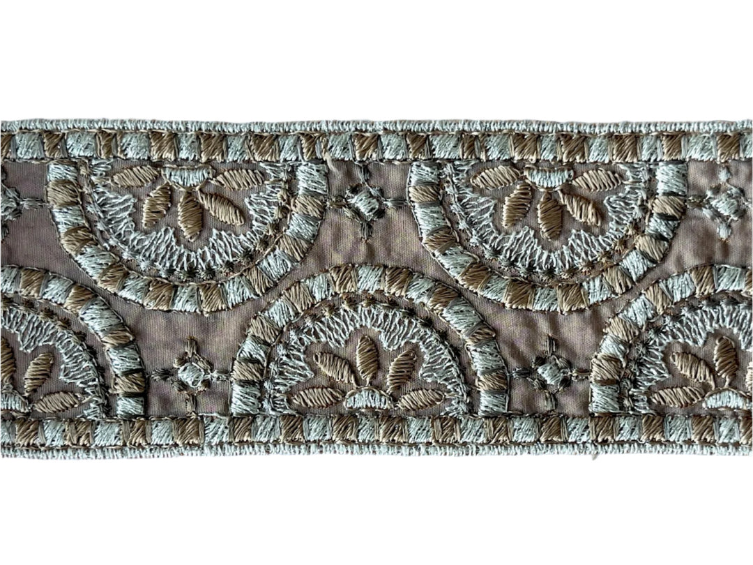 3" Half-Moon Floral Metallic Silver & Mocha Brocade Ribbon (Made in France)