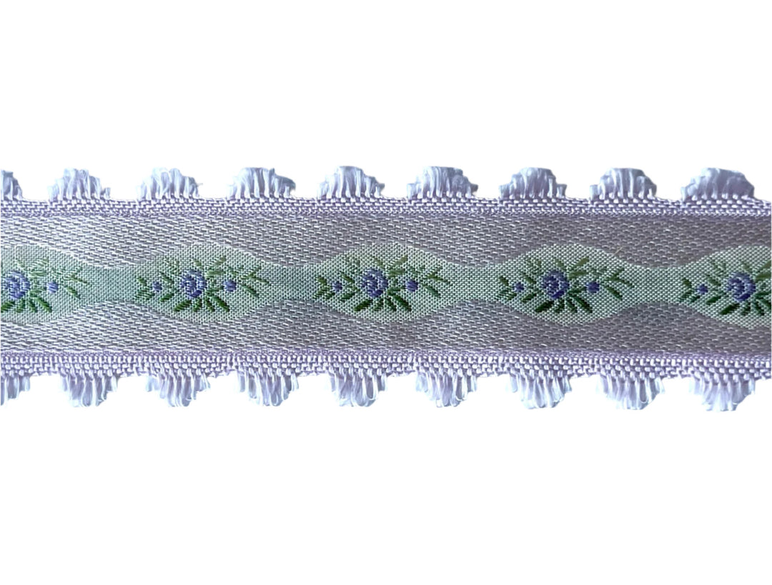 1 1/2" Violet Roses on Pale Pink Woven Ribbon (Made in France)