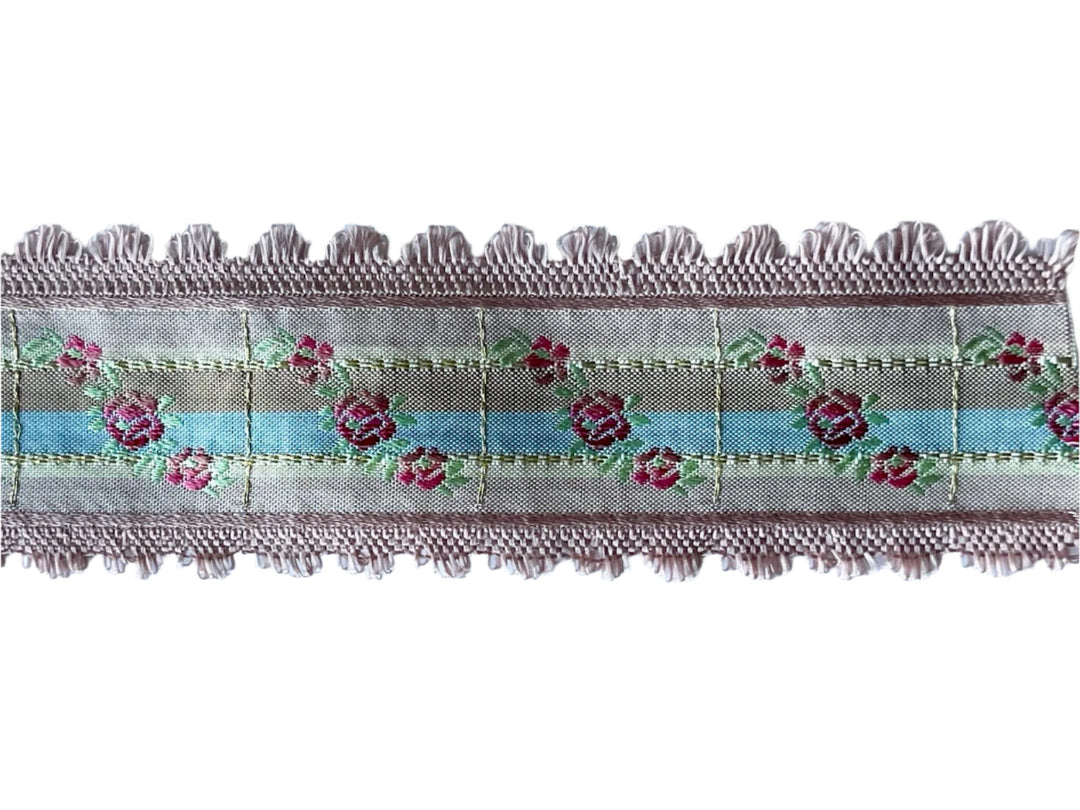 2" Red Roses on Baby Blue & Tan Stripes Woven Ribbon (Made in France)