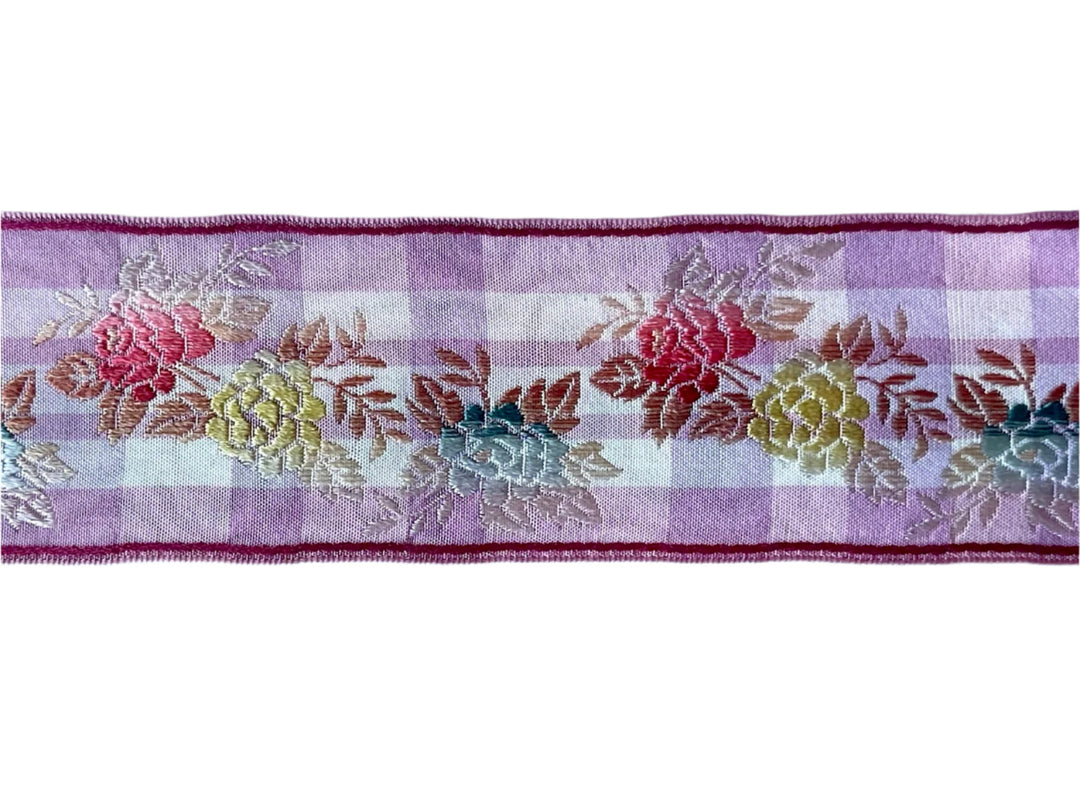 2" Red, Lemon & Teal Ombré Blooms on Plaid Woven Ribbon (Made in France)