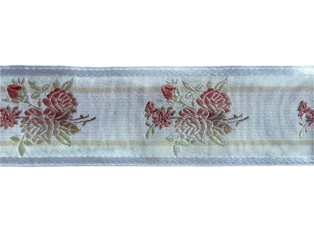 2" Ballet Pink Ombré Roses on Striped Woven Ribbon (Made in France)