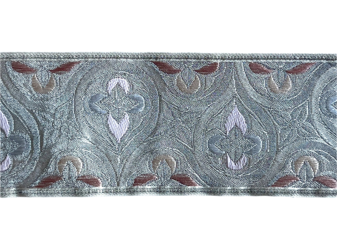 2 1/2" Stylized Fleur-de-Lis Metallic Silver & Rose Brocade Ribbon (Made in France)