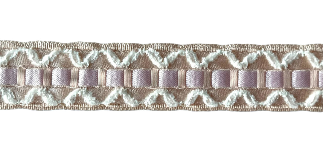 1" Baby Pink Threaded on Peach Satin Woven Ribbon (Made in France)