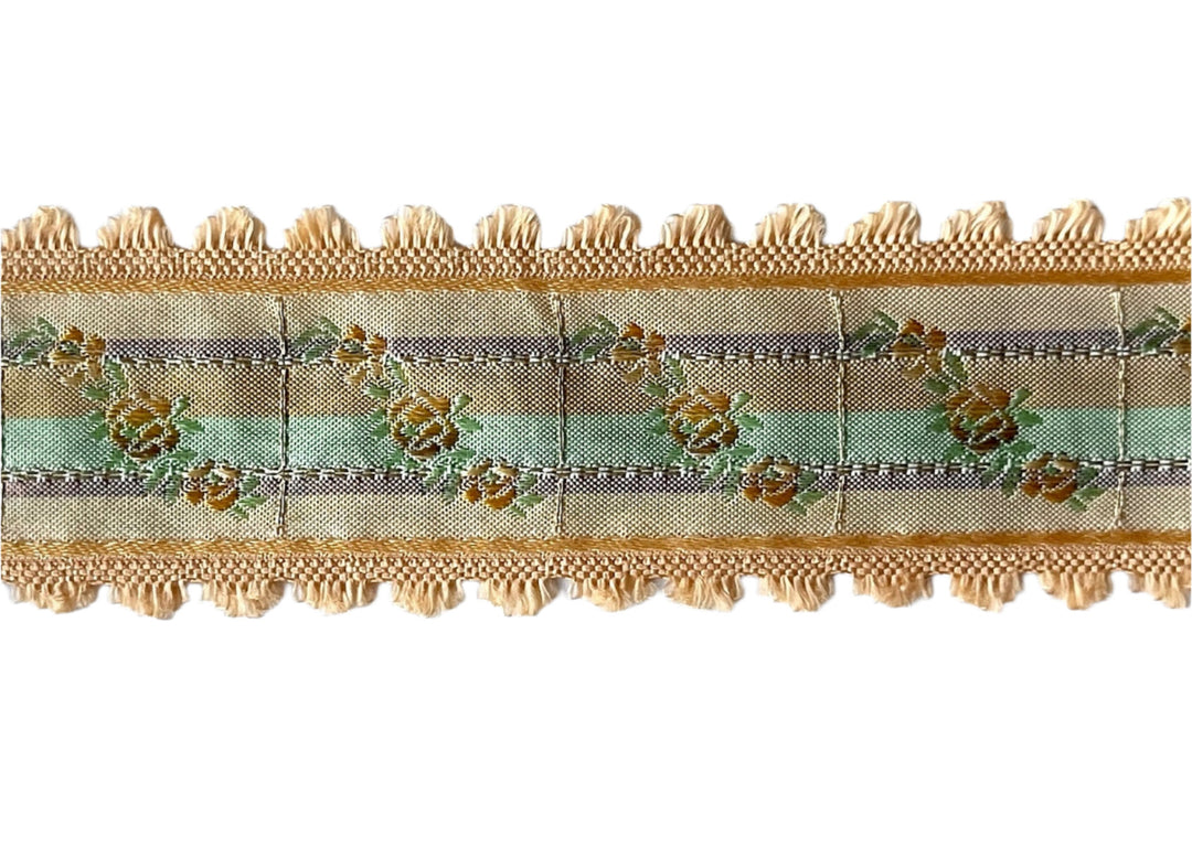 2" Golden Roses on Apricot & Pistachio Stripes Woven Ribbon (Made in France)