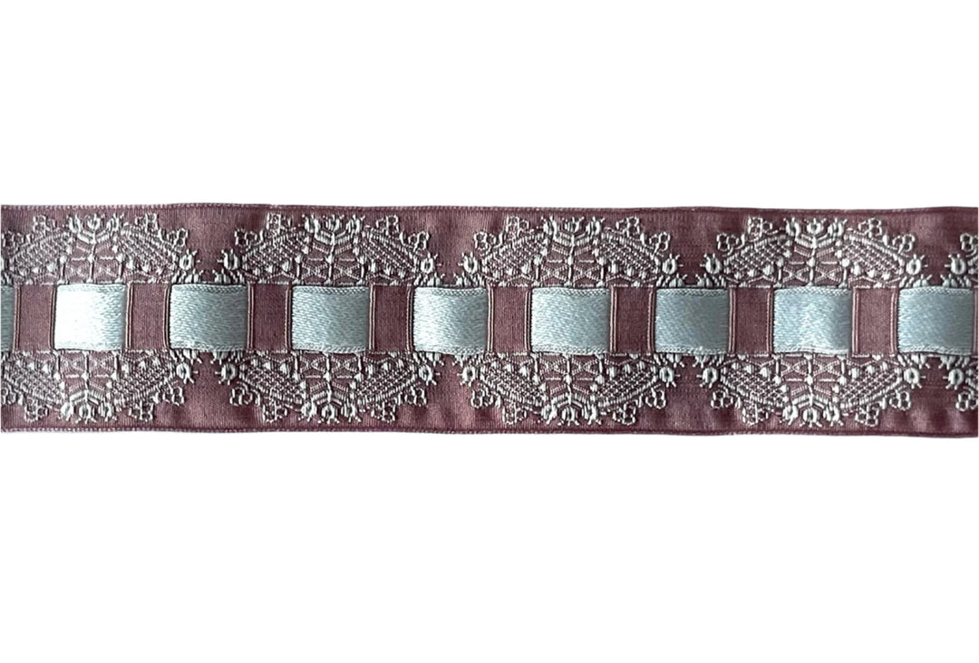 1 7/8" White Threaded Satin Ribbon on Deep Mauve Brocade Ribbon (Made in France)