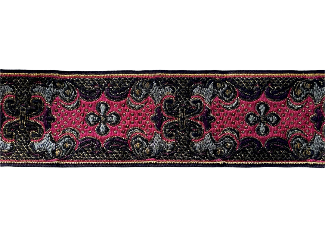 1 7/8" Art Nouveau-Inspired Pewter, Merlot & Metallic Gold Brocade Ribbon (Made in France)