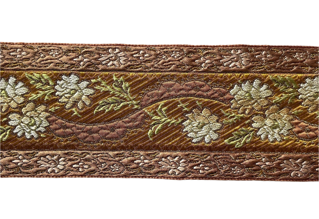 2 3/4" Meandering Ivory Roses on Ginger & Metallic Bronze Brocade Ribbon (Made in France)
