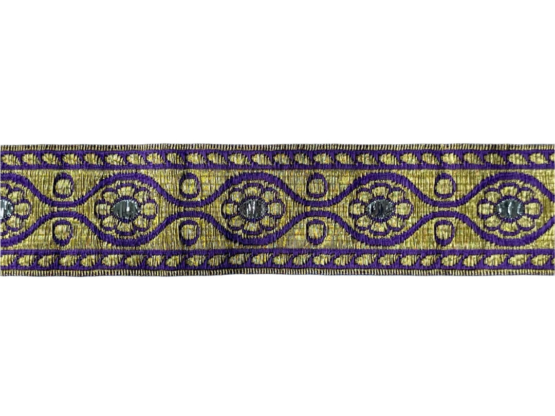 1 1/8" Royal Purple, Metallic Gold & Silver Floral Medallions Brocade Ribbon (Made in Austria)