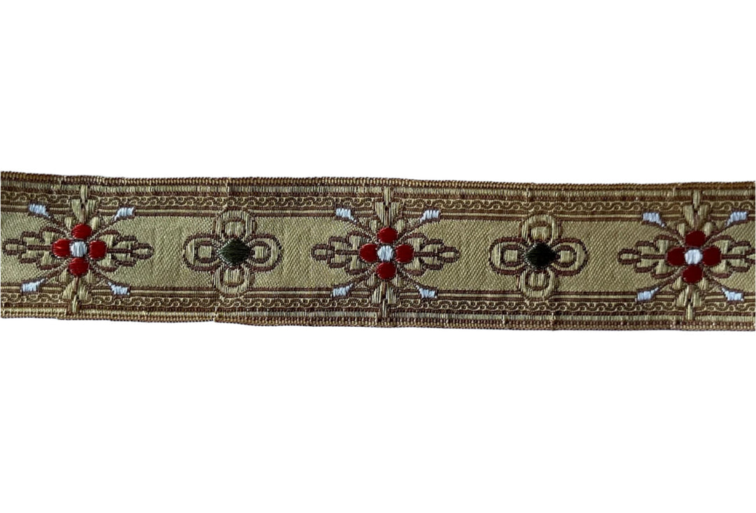 1 1/8" Crimson & Green Medallions on Metallic Gold Brocade Ribbon (Made in France)
