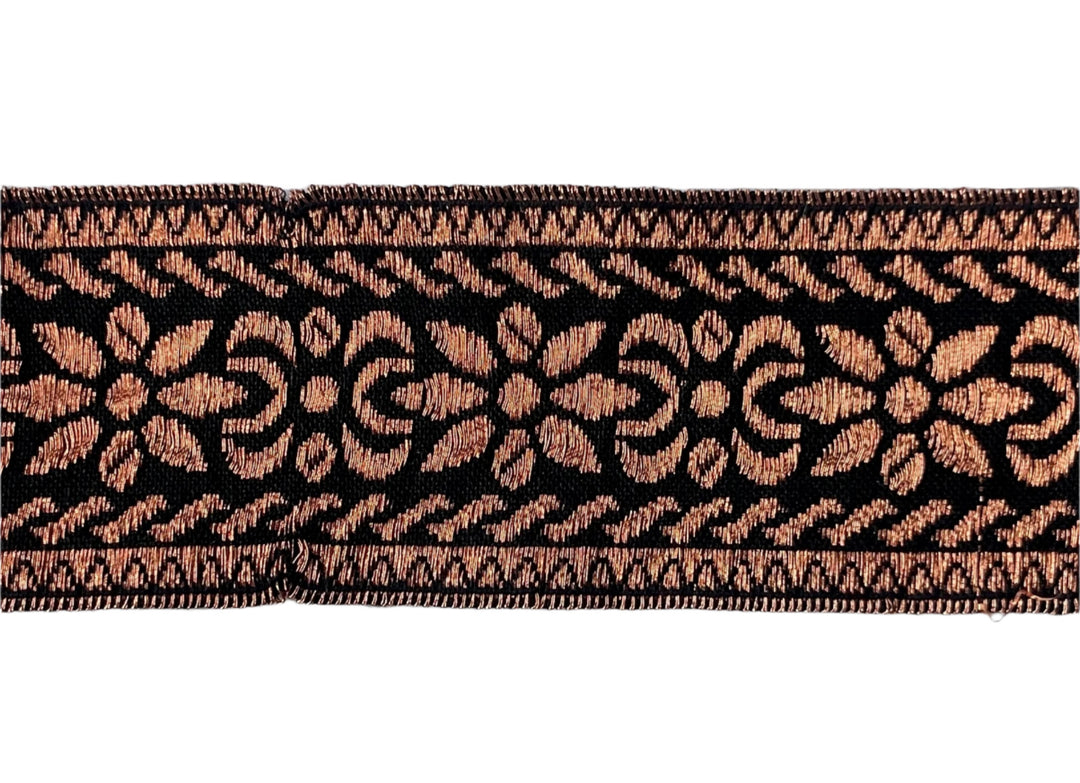 1 3/4" Stylized Floral Flourishes Copper Brocade Ribbon (Made in France)