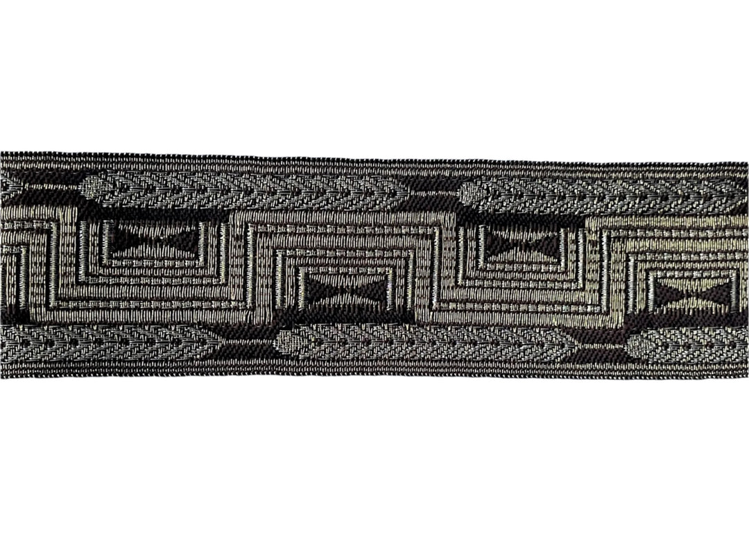 2 1/8" Espresso Meander Wheat Metallic Silver & Light Gold Brocade Ribbon (Made in Austria)