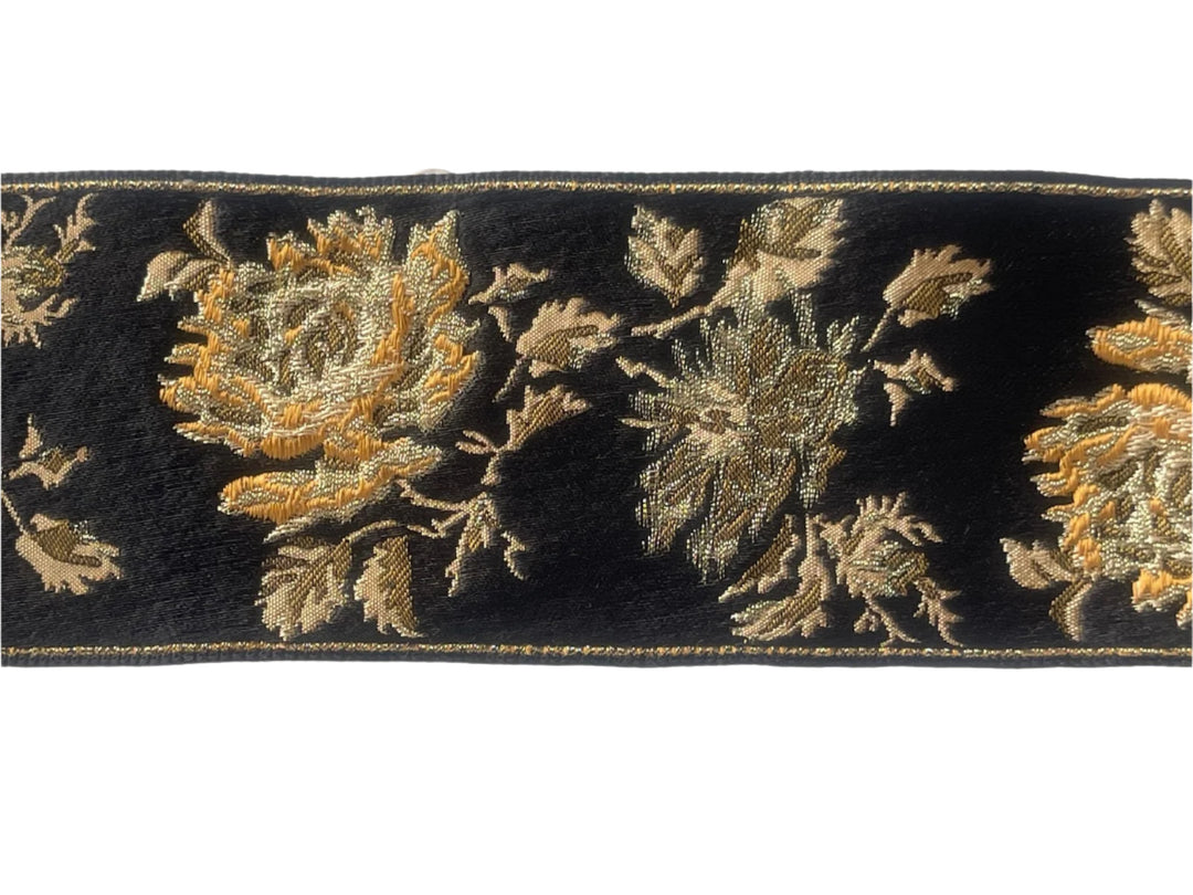2 1/2" Open Roses Black & Metallic Antique Gold Woven Ribbon (Made in France)