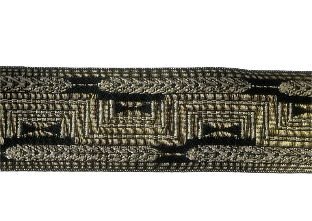 2 1/8" Black Meander Wheat Metallic Antique Gold Brocade Ribbon (Made in Austria)