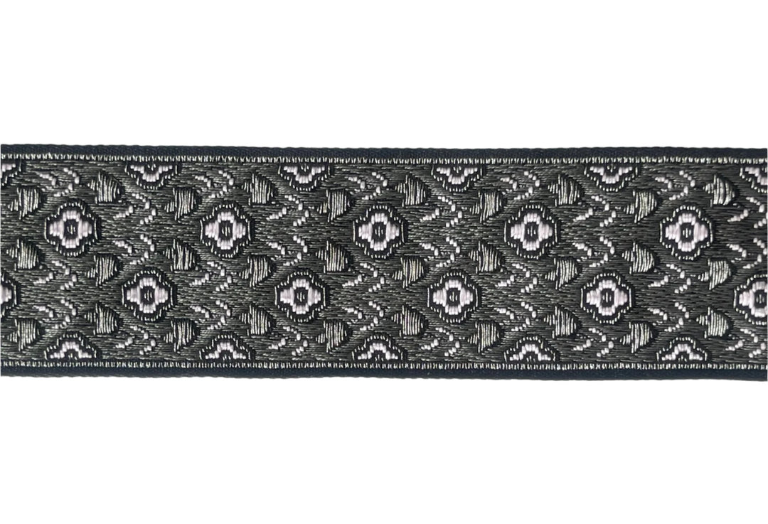 1 1/2" All-Over Pale Pink Fleurs on Black Woven Ribbon (Made in France)