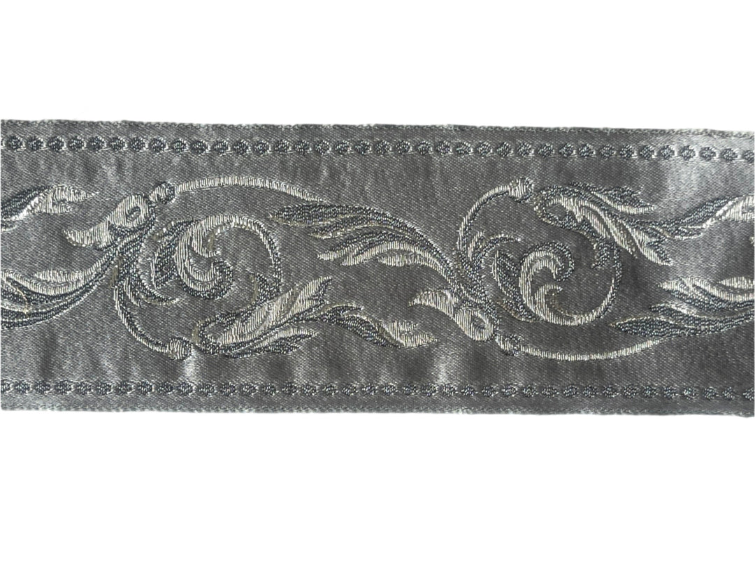2 1/2" Silvery Scrolls on Grey Satin Woven Ribbon (Made in France)
