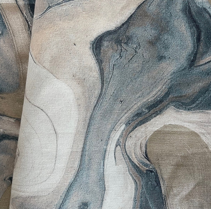 Marbleized Golden Teal Swirls Cotton & Linen Canvas (Made in India)