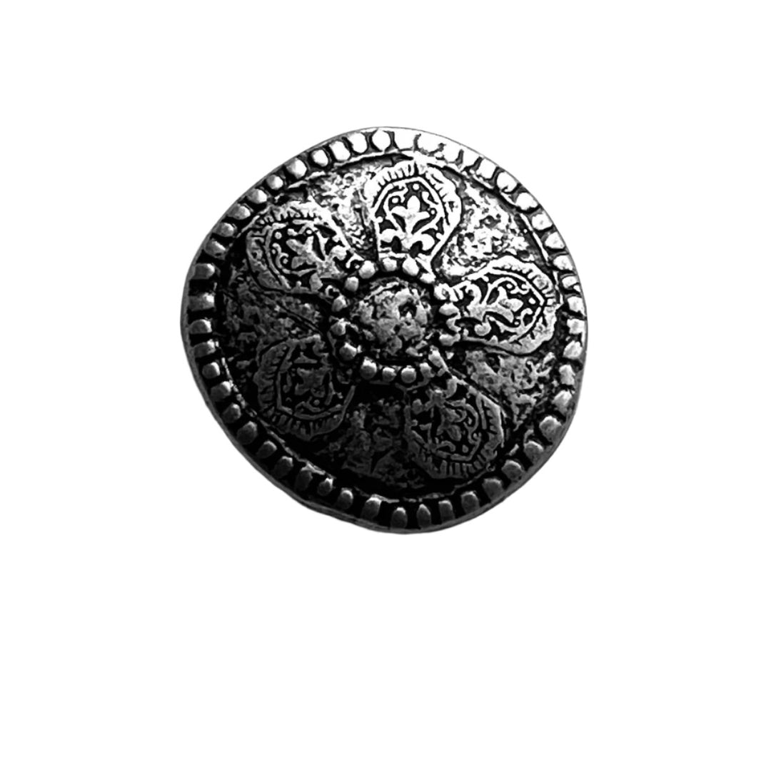 Ornate Rustic Emblem Antique Silver Metal Button (Made in Germany)