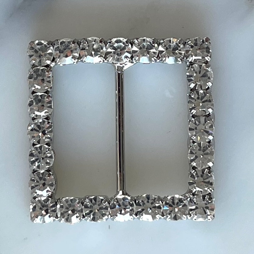 1" Clear Rhinestone & Silver Square Metal Buckle