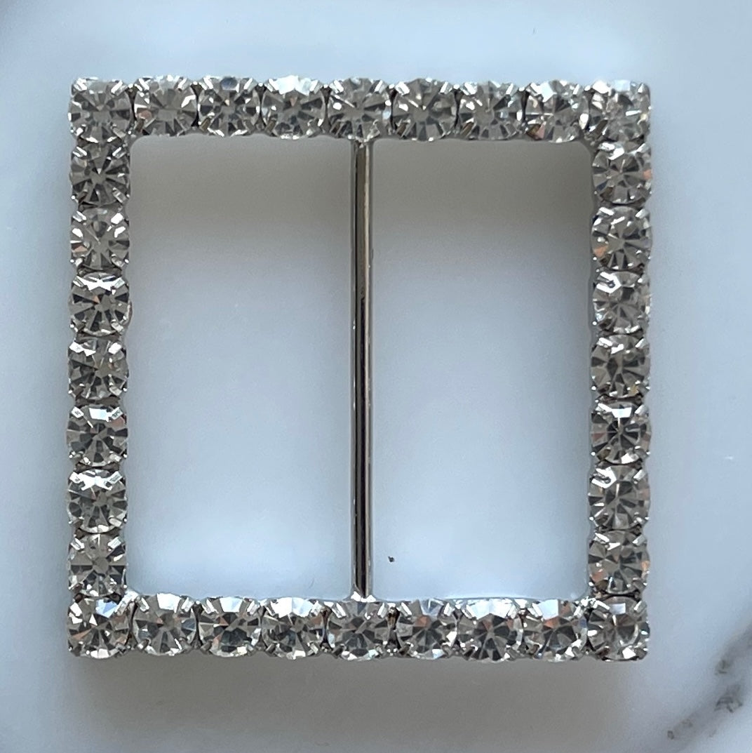 1 1/2" Clear Rhinestone & Silver Square Metal Buckle