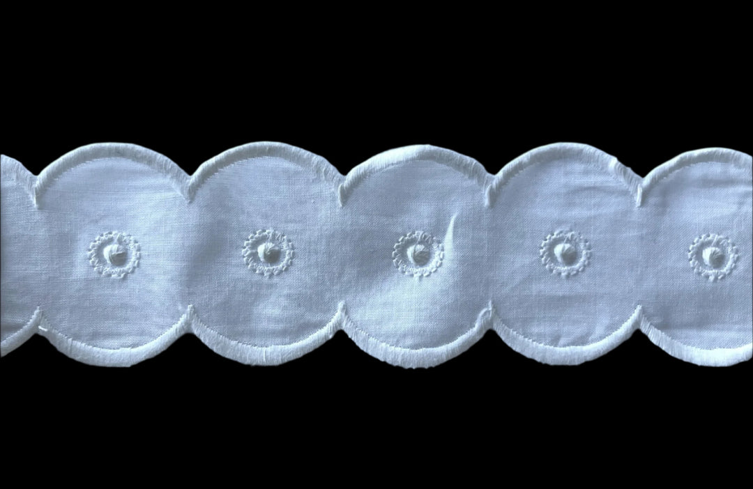 1 1/2" Circular Scallops White Cotton Eyelet Trim (Made in Switzerland)