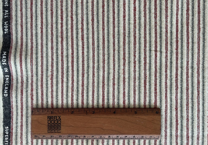 Selvedged Striped Cranberry & Soft Black Buffed Beige Wool Suiting (Made in England)