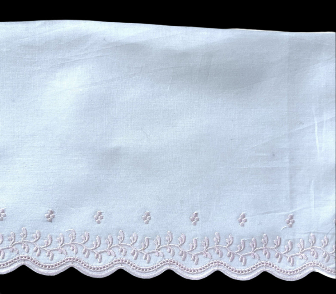 6 1/2" Baby Pink Vines White Cotton Eyelet Trim (Made in Switzerland)