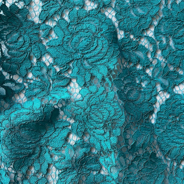 Scalloped Persian Turquoise Dream Cotton Blend Alençon Lace Fabric (Made in France)