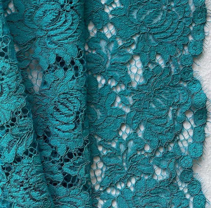 Scalloped Persian Turquoise Dream Cotton Blend Alençon Lace Fabric (Made in France)