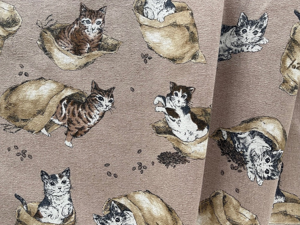 Light-Weight Caffeinated Cats Frolicking on Café au Lait Cotton & Linen Canvas (Made in Japan)