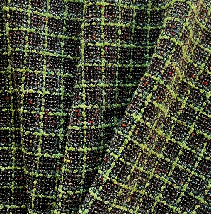 Lighter Weight Citrus Pear Green & Black Wool Blend Bouclé (Made in Italy)