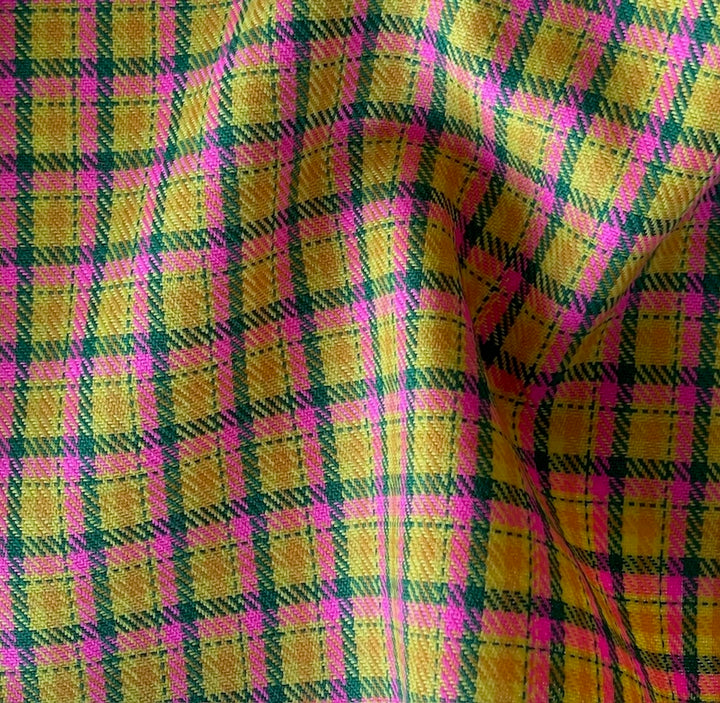 Couture Mid-Weight Neon Pink & Daffodil Plaid Virgin Wool Jacketing (Made in Italy)