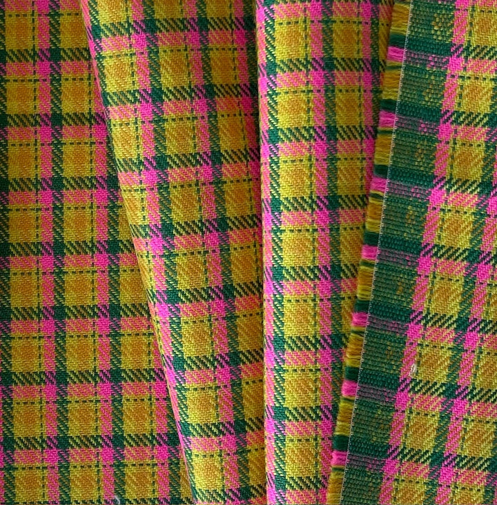 Couture Mid-Weight Neon Pink & Daffodil Plaid Virgin Wool Jacketing (Made in Italy)
