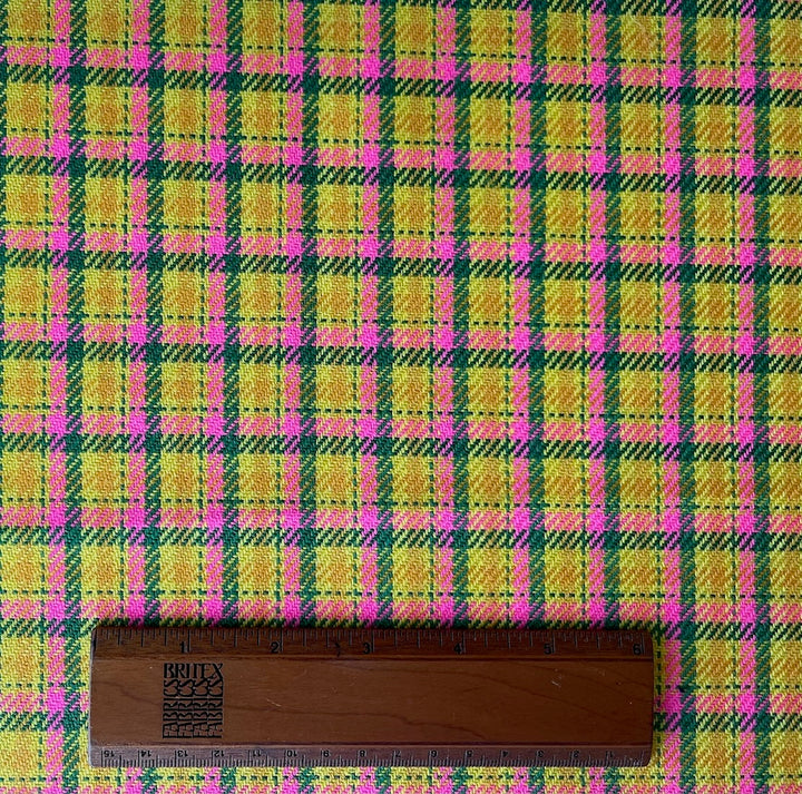 Couture Mid-Weight Neon Pink & Daffodil Plaid Virgin Wool Jacketing (Made in Italy)