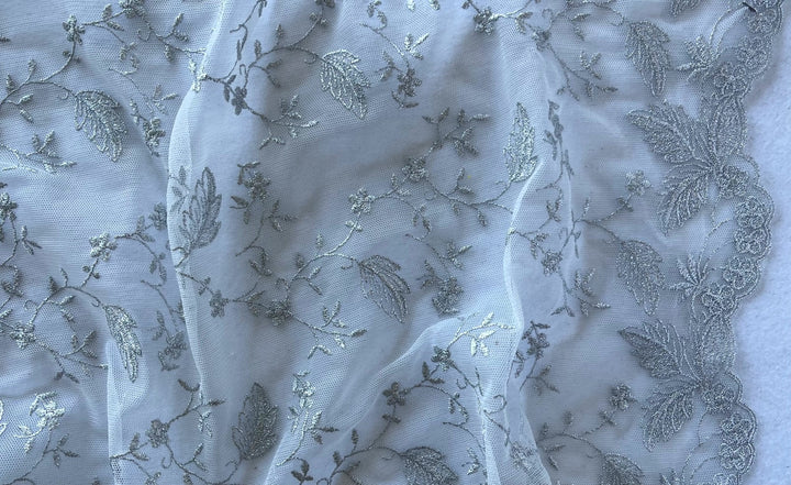 Mystic Silver Branches & Leaves Mesh Scalloped Lace Fabric (Made in Italy)