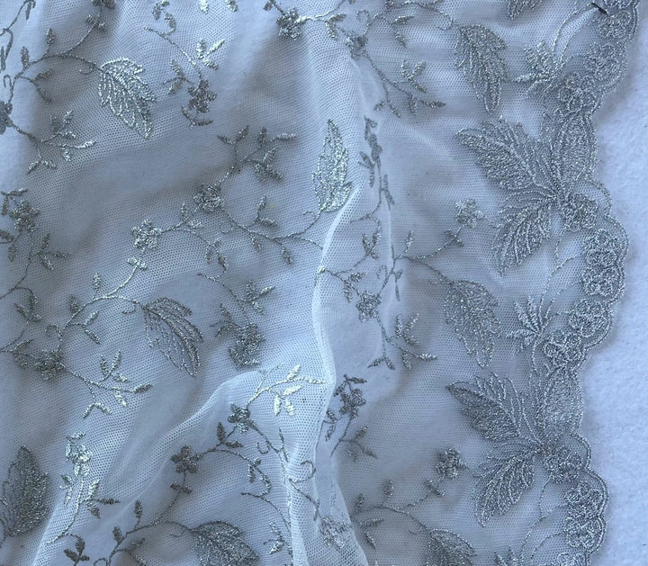 Mystic Silver Branches & Leaves Mesh Scalloped Lace Fabric (Made in Italy)