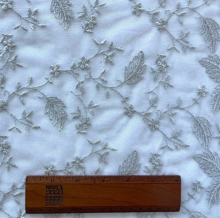 Mystic Silver Branches & Leaves Mesh Scalloped Lace Fabric (Made in Italy)