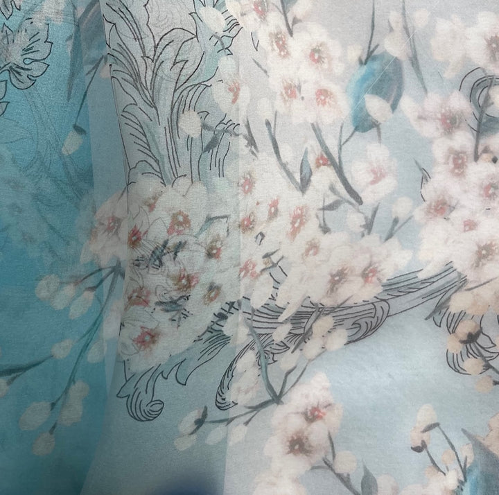 Semi-Sheer White Cherry Blossoms on Sky Blue & Cream Silk Organza (Made in Italy)