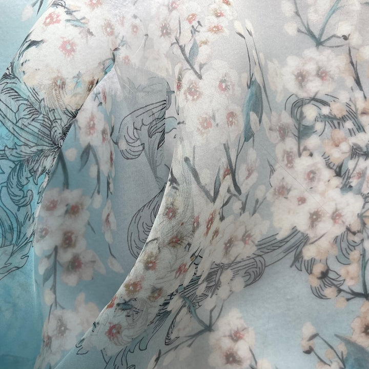 Semi-Sheer White Cherry Blossoms on Sky Blue & Cream Silk Organza (Made in Italy)
