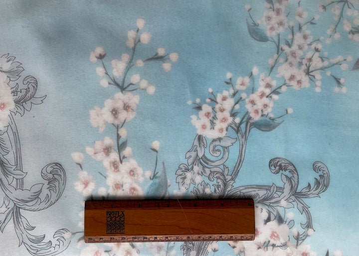 Semi-Sheer White Cherry Blossoms on Sky Blue & Cream Silk Organza (Made in Italy)