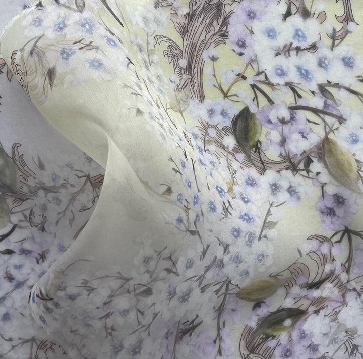 Semi-Sheer White Cherry Blossoms on Lemon Wisp & White Silk Organza (Made in Italy)