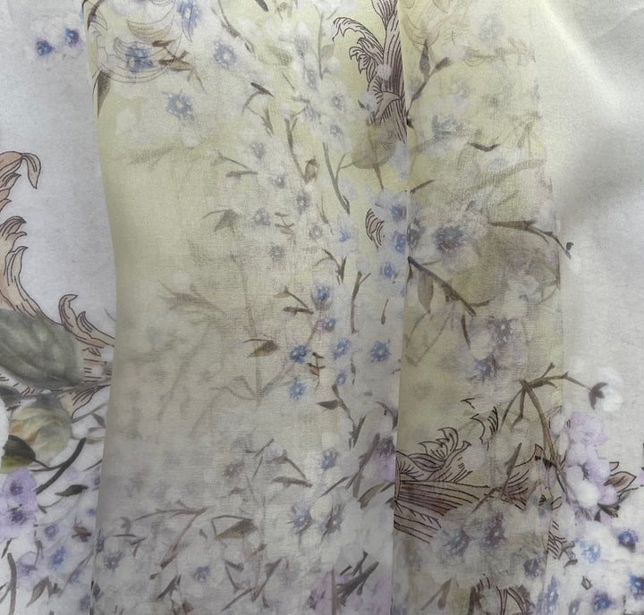 Semi-Sheer White Cherry Blossoms on Lemon Wisp & White Silk Organza (Made in Italy)