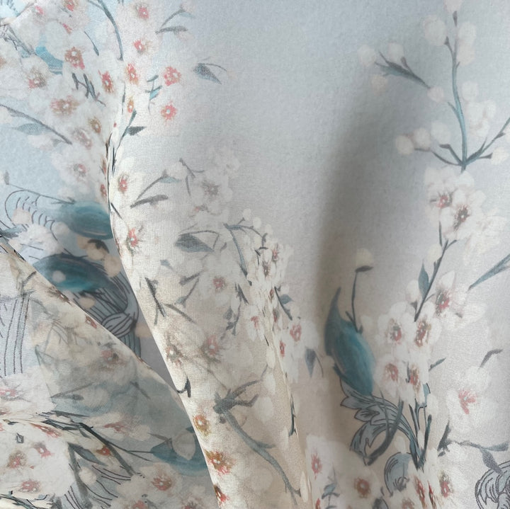 Semi-Sheer White Cherry Blossoms on Turquoise & Peach Dust Silk Organza (Made in Italy)
