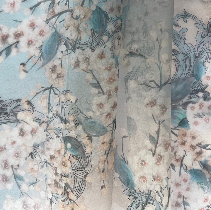 Semi-Sheer White Cherry Blossoms on Turquoise & Peach Dust Silk Organza (Made in Italy)