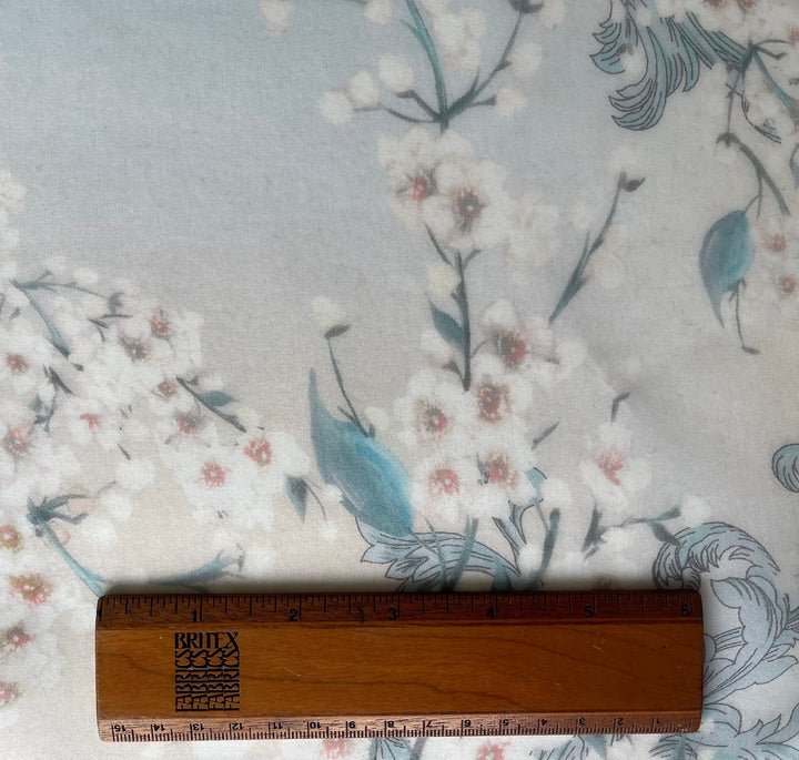 Semi-Sheer White Cherry Blossoms on Turquoise & Peach Dust Silk Organza (Made in Italy)