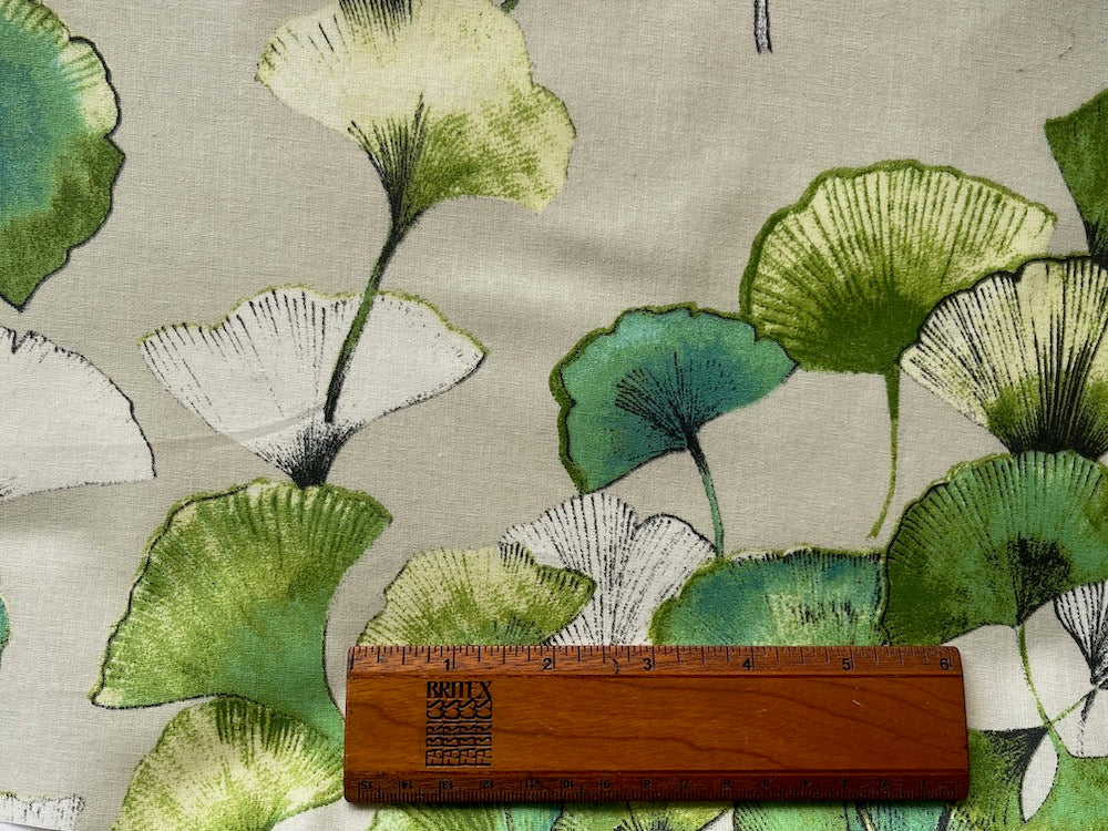 Grass Green Ginkgo Leaves on Beige Laminated Cotton (Made in France)