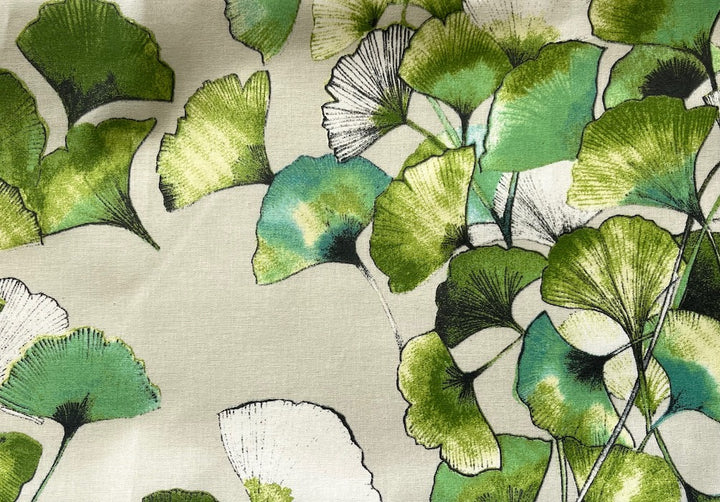 Grass Green Ginkgo Leaves on Beige Laminated Cotton (Made in France)