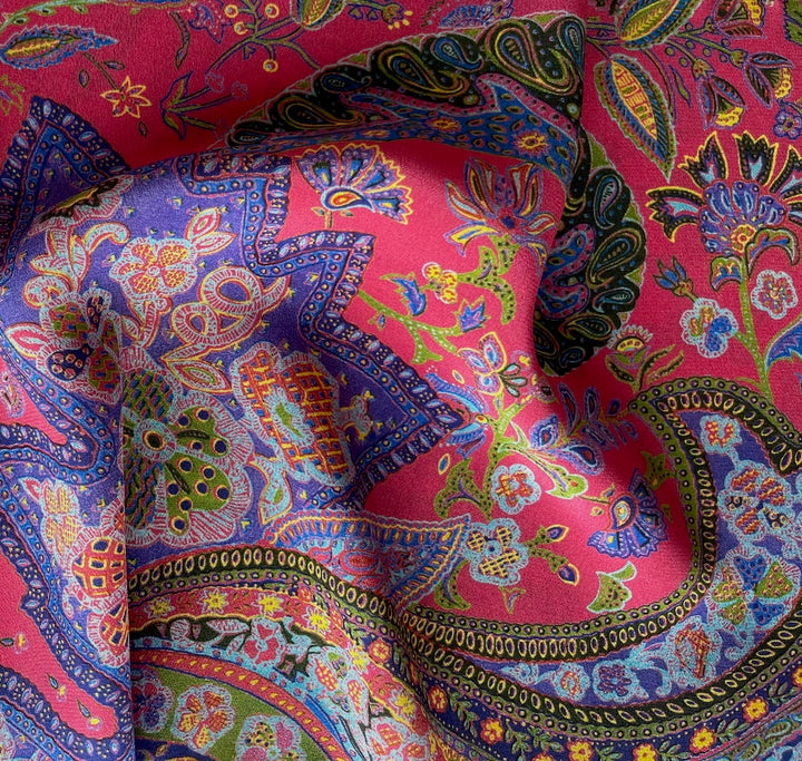 Sultan of Paisley on Flamingo Pink Silk Crepe de Chine (Made in Italy)