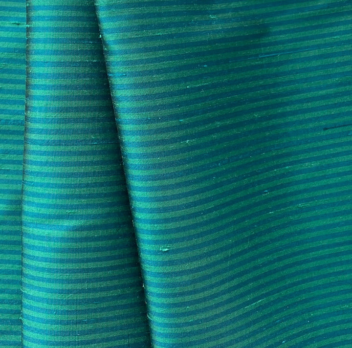 Striped Sapphire & Pine Crisp Silk Dupioni (Made in India)